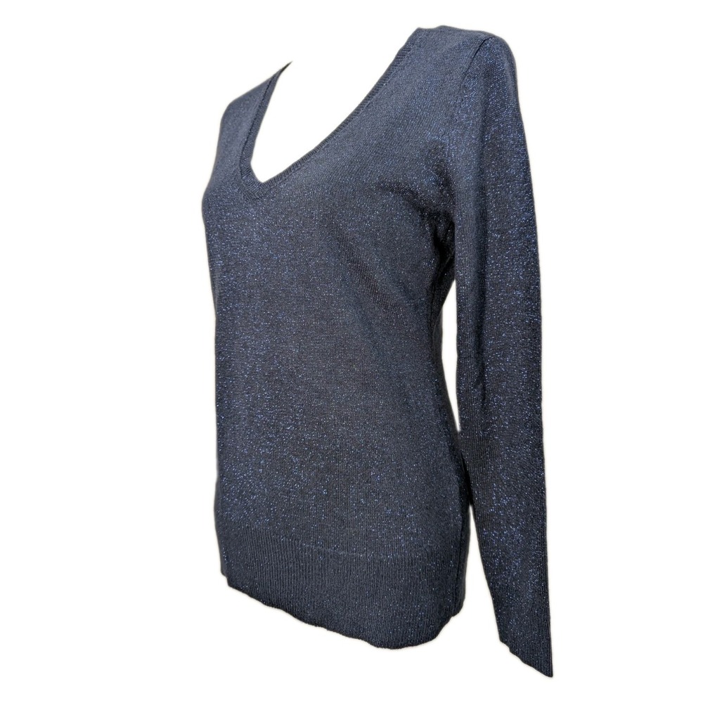 New York & Company Dark Blue Metallic Sparkle V-Neck Sweater Women's Size Small - Picture 3 of 5
